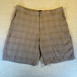 IZOD Mens Plaid Linen Blend Shorts Size 38 Tan Casual Summer Beach Golf